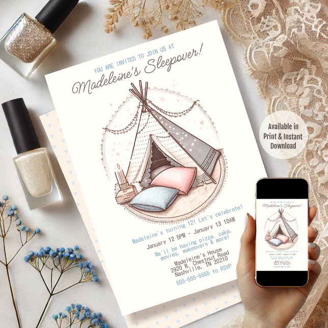 Invitation Sweet Girly Teepee Sleepover Party Anniversaire (Available in Print and Instant Download)