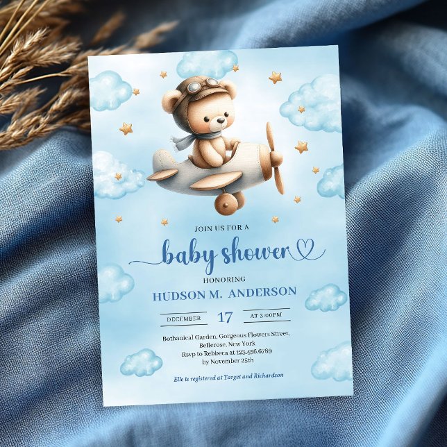 Invitation Sweet gold airplane bear theme boy baby shower  (Sweet gold airplane bear theme boy baby shower invite)
