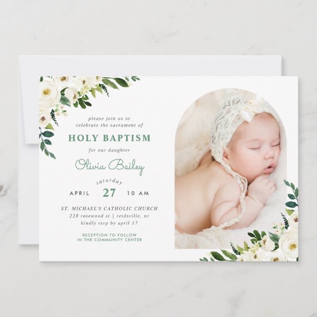 Invitation Sweet Greenery Floral Baby Girl Photo Baptism (Devant)