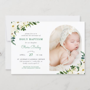Invitation Sweet Greenery Floral Baby Girl Photo Baptism