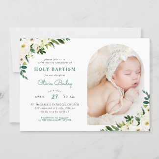 Invitation Sweet Greenery Floral Baby Girl Photo Baptism