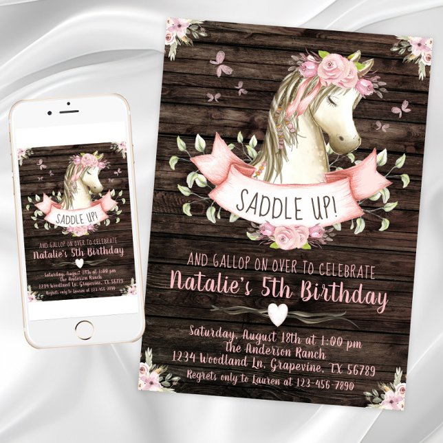 Invitation Sweet Horse fête d'anniversaire (Girl horse birthday party invitation with horse, flowers, butterflies. Digital and print available.)