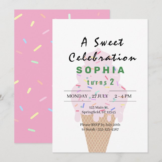 Invitation Sweet Ice Cream Birthday (Devant / Derrière)