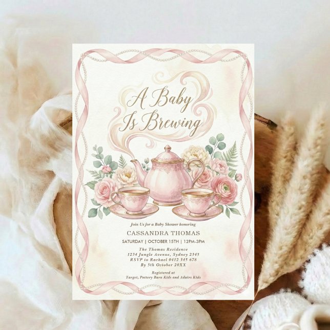 Invitation Sweet Is Brewing Blush Floral Baby Shower Tea (Créateur téléchargé)