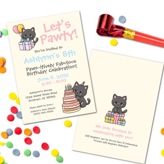 Invitation Sweet Kawaii Chat noir fête d'anniversaire (Kawaii Black Cat Birthday Party Invitation - Front and Back)