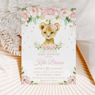 Invitation Sweet Lion Blush rose Floral Baby shower fille or
