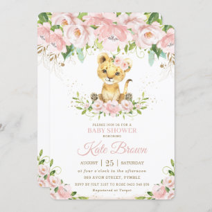 Invitation Sweet Lion Cub Blush Rose Floral Girl Baby shower