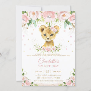 Invitation Sweet Lion Cub Blush Rose Floral Or 1er anniversai