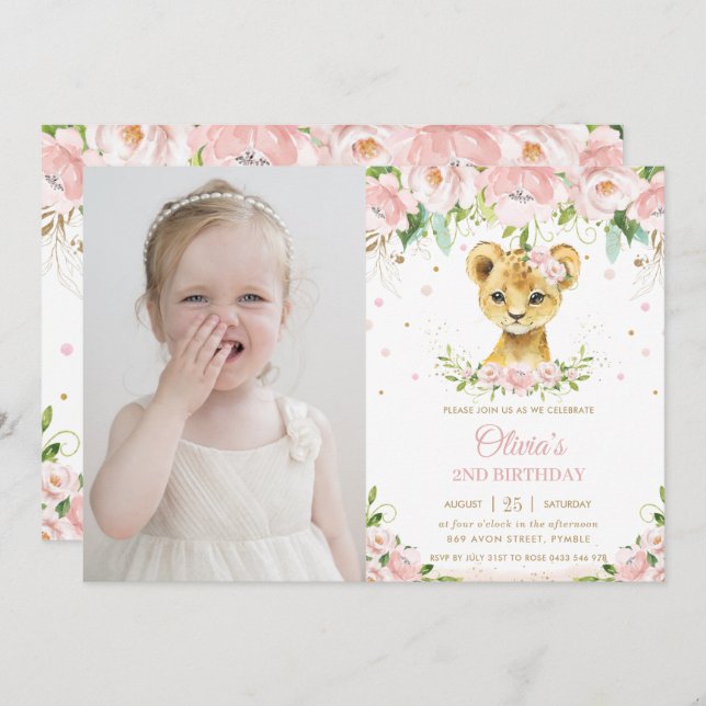 Invitation Sweet Lion Cub Blush Rose Floral Photo Anniversair (Devant / Derrière)