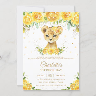 Invitation Sweet Lion Cub Jaune Floral Or 1er anniversaire
