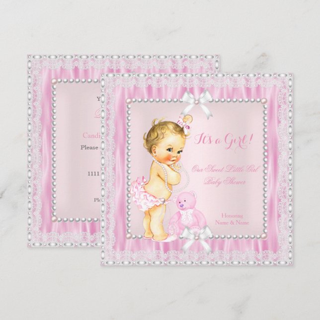 Invitation Sweet Little Blonde fille Baby shower perles dente (Devant / Derrière)
