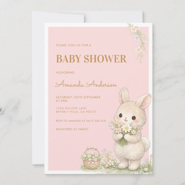 Invitation Sweet Little Bunny Floral Baby Shower (Devant)
