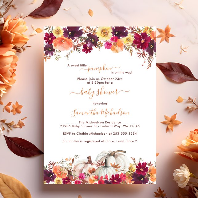 Invitation Sweet Little Citrouille Automne Baby shower floral (Sweet Little Pumpkin Fall Floral Baby Shower Invitation)