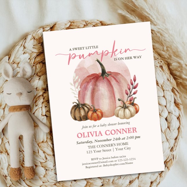 Invitation Sweet Little Citrouille Automne Baby shower rose d (Créateur téléchargé)