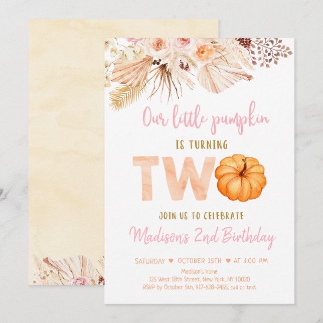 Invitation Sweet Little Citrouille Boho Deuxième anniversaire (Devant / Derrière)