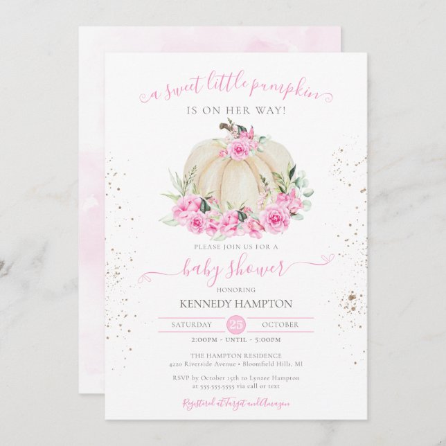 Invitation Sweet Little Citrouille Rose Rose Girl Baby shower (Devant / Derrière)