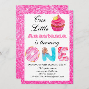 Invitation Sweet Little Cupcake Parties scintillant rose 1er