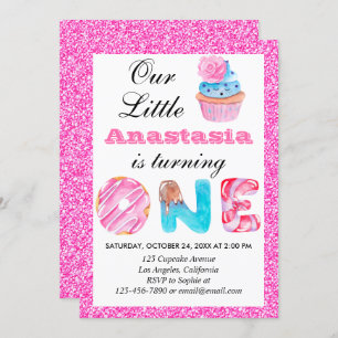Invitation Sweet Little Cupcake Parties scintillant rose 1er 