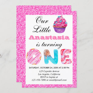 Invitation Sweet Little Cupcake Parties scintillant rose 1er 