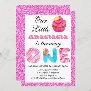 Invitation Sweet Little Cupcake Parties scintillant rose 1er 