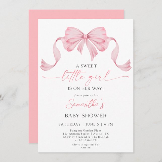 Invitation Sweet Little Girl Coquette Bow Baby shower frontal (Devant / Derrière)