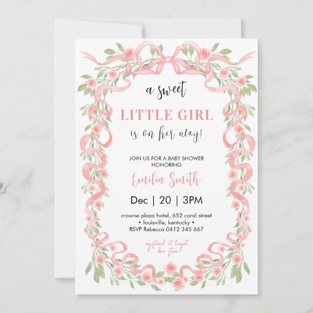 Invitation Sweet Little Girl Floral Ribbon Baby shower (Devant)