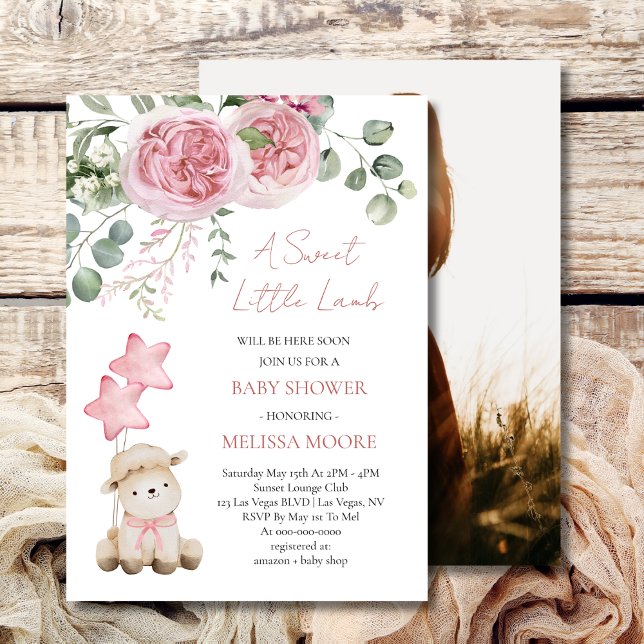 Invitation Sweet Little Lamb Mauve baby shower rose photo (Créateur téléchargé)