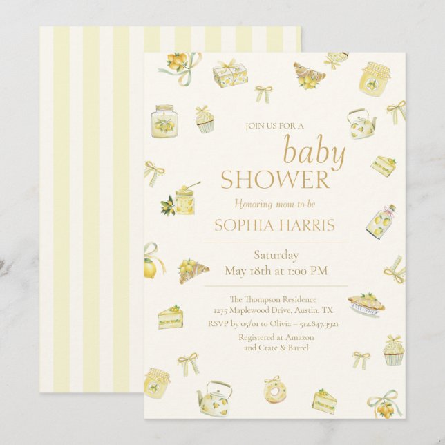 Invitation Sweet Little Lemon Watercolor Baby Shower (Devant / Derrière)