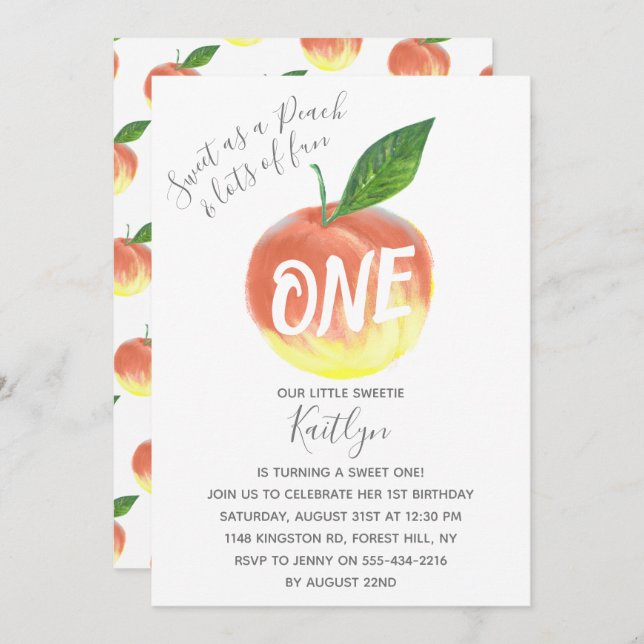 Invitation Sweet Little Peach 1er anniversaire (Devant / Derrière)