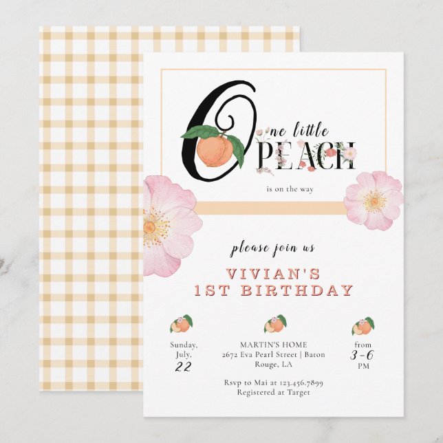 Invitation Sweet Little Peach 1er anniversaire (Devant / Derrière)