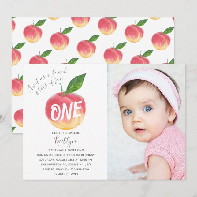 Invitation Sweet Little Peach 1er Anniversaire Photo (Devant / Derrière)