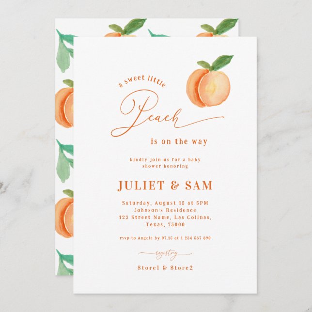 Invitation Sweet Little Peach Baby shower neutre de genre (Devant / Derrière)