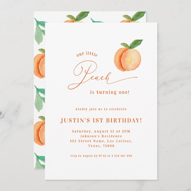 Invitation Sweet Little Peach Genre Neutre 1er anniversaire (Devant / Derrière)