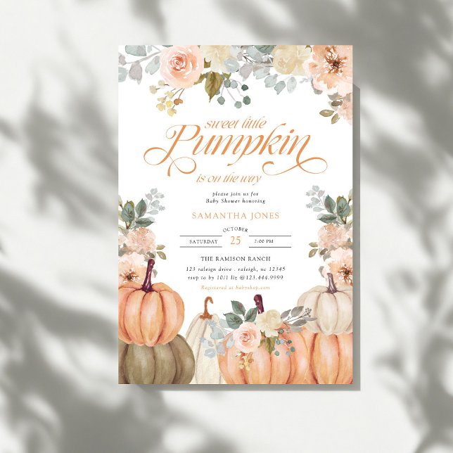 Invitation Sweet Little Pumpkin Pink Floral Fall Baby Shower  (Créateur téléchargé)