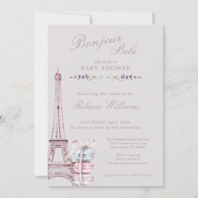 Invitation Sweet Macaron Bonjour Bebe Paris Baby shower (Devant)