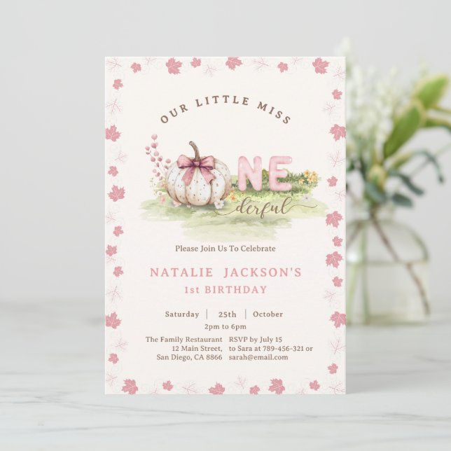 Invitation Sweet Miss Onederful Pink Bow Citrouille 1er anniv (Debout devant)