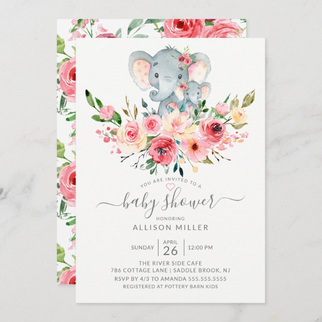 Invitation Sweet Mom & Baby Elephant Baby shower floral (Devant / Derrière)