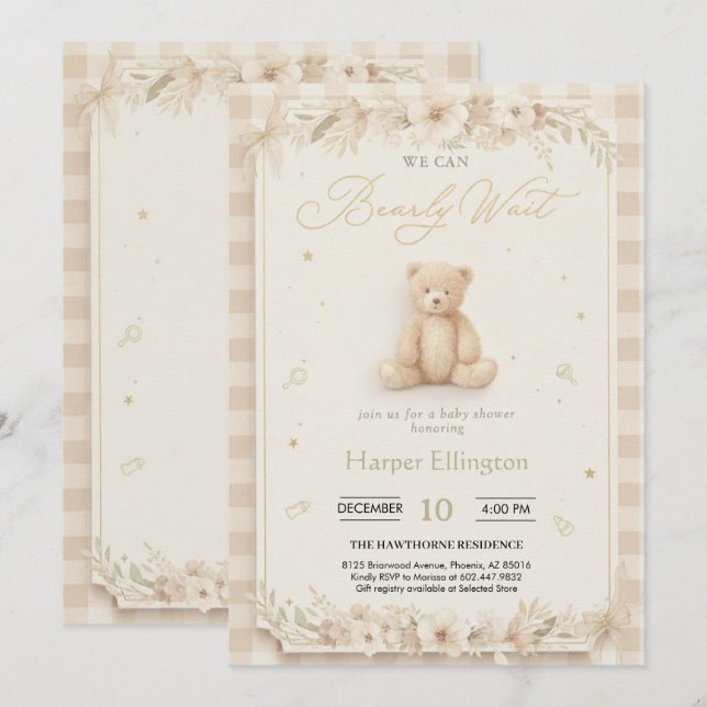 Invitation Sweet Neutral Teddy Bear Baby Shower Invite (Devant / Derrière)