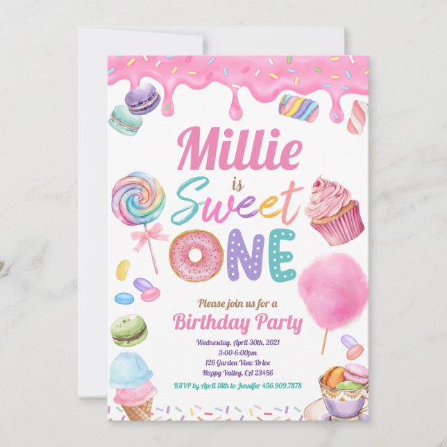 Invitation Sweet One 1er Anniversaire Pink Pastel Sprinkle (Devant)
