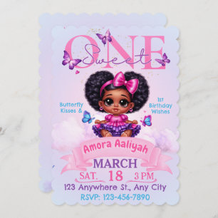Invitation Sweet ONE Afro Puff Girl 1er Anniversaire Papillon