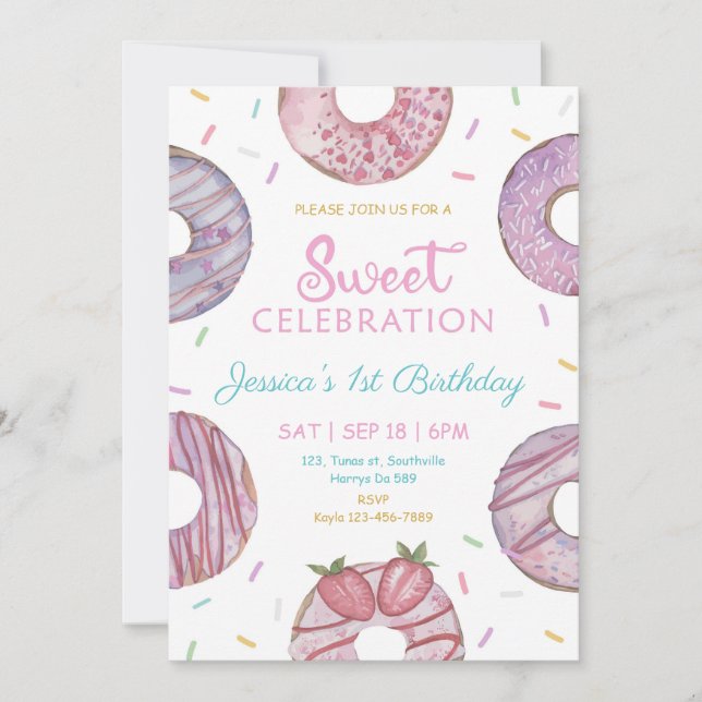 Invitation Sweet One aquarelle mignonne beignets 1er annivers (Devant)