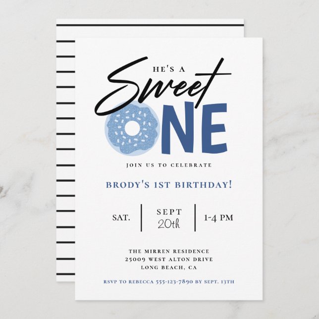 Invitation Sweet One Blue Donut 1ère fête d'anniversaire (Devant / Derrière)