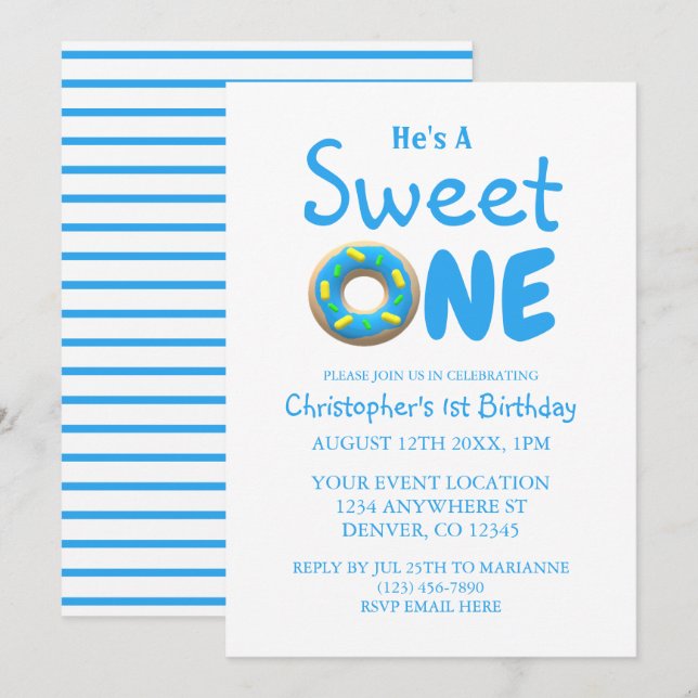 Invitation Sweet One Blue Donut Boy 1er anniversaire (Devant / Derrière)