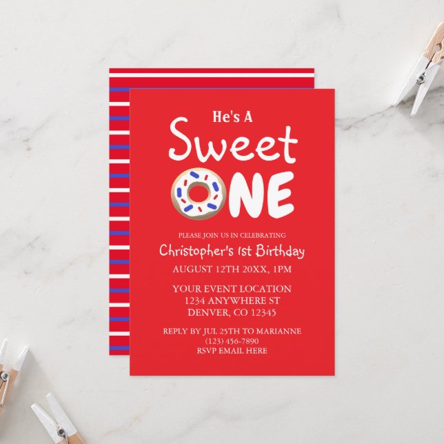 Invitation Sweet One Blue Donut Boy 1er anniversaire (Devant/Arrière en situation)