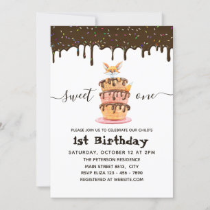 Invitation Sweet One Chat et séchage Chocolat 1s Anniversaire