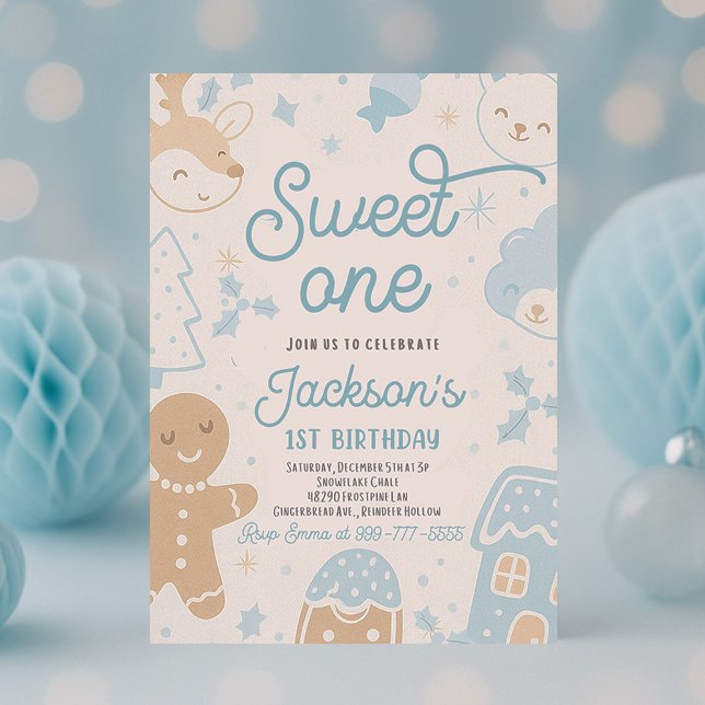 Invitation Sweet One Christmas Cookie 1er Anniversaire (Sweet One Christmas cookie first birthday boy party invitation with gingerbread and festive holiday )