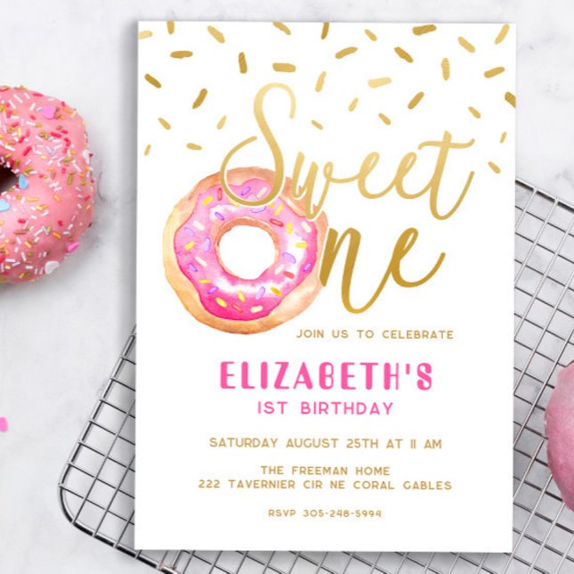 Invitation Sweet One Donut Girl 1er anniversaire Pink Gold Pa (Créateur téléchargé)