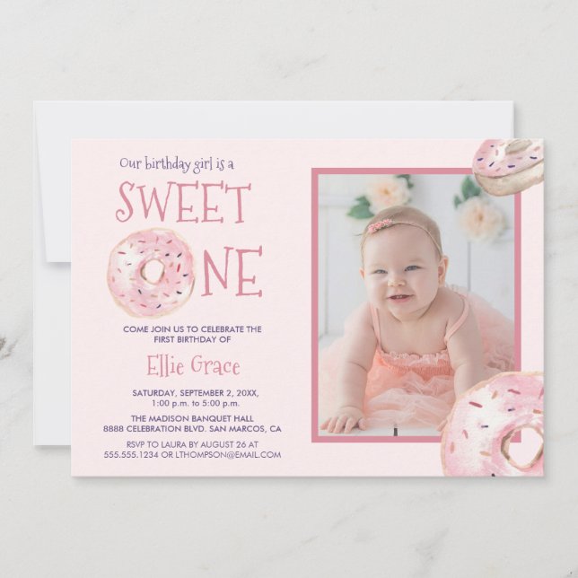 Invitation Sweet One Donut photo thème Premier anniversaire (Devant)