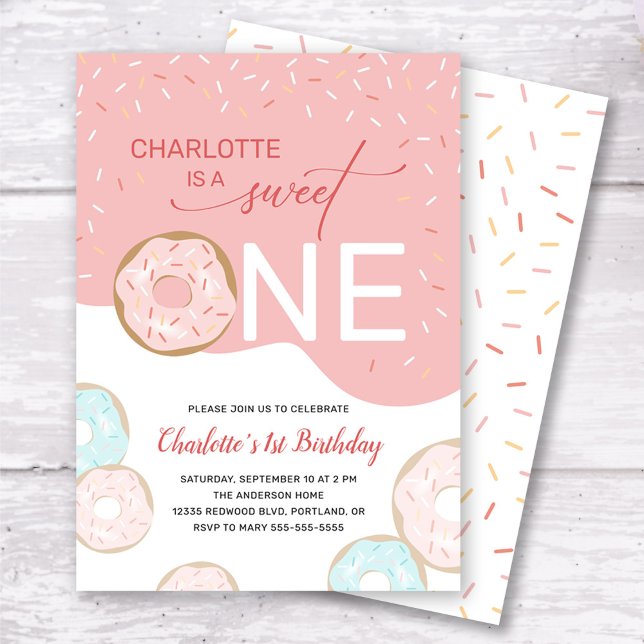 Invitation Sweet One Donut Rose Frosting Girl's 1er Anniversa (Créateur téléchargé)