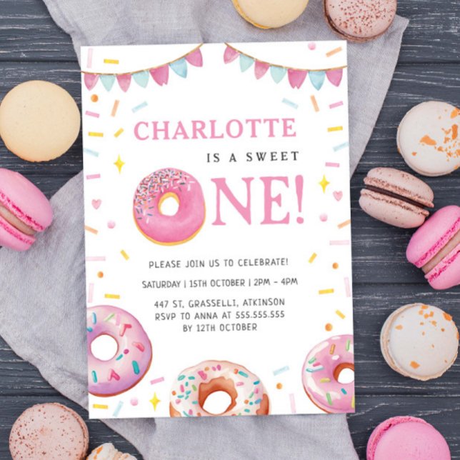Invitation Sweet One Donut Rose Première fête d'anniversaire (Créateur téléchargé)